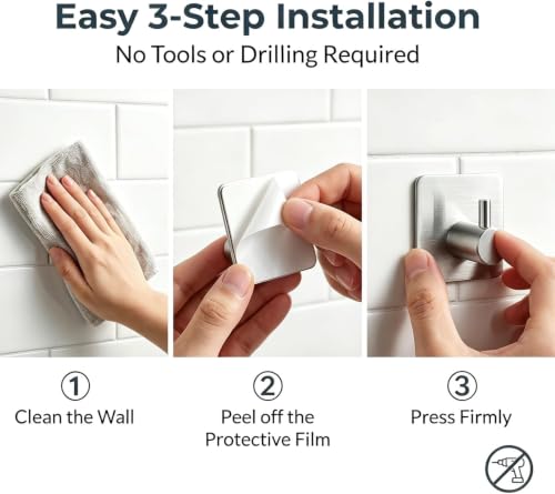 Fotosnow Adhesive Towel Hooks 15lbs Heavy Duty Wall Hooks Waterproof Stainless Steel Hanger for Hanging Coat, Hat, Towel Robe Hook Rack Wall Mount- Bathroom and Bedroom 4-Packs - color: Silver-4 Pack