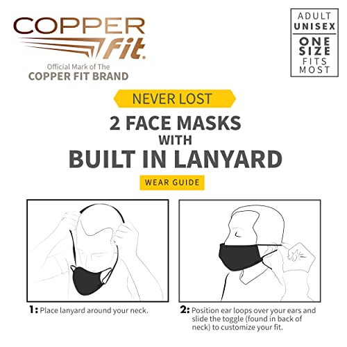 Copper Fit Unisex Never Lost Face Masks for Adults, Reusable Washable Fabric Mask, Copper Infused , 2 Pack