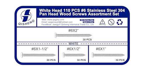 QISHENG 110 PCS #6 White Painted Phillips Pan Head Wood Screws Assortment Set, Stainless Steel 304 Fastener Kit for Cabinetry & Woodworking - size: #6 Set
