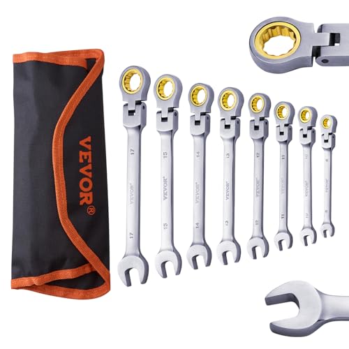 VEVOR Flex-Head Ratcheting Wrench Set, Nickel Plating, 8-piece Flexible Ratcheting Combination Wrench Set with Roll-up Pouch, CR-V, 72 Teeth, SAE 5/16-3/4" - size: 8PCS (SAE), style: Flex-head