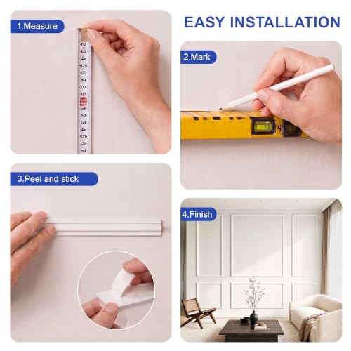 COUKIU Peel and Stick Wall Molding Kit, 6-Frame Pre-Cut Wainscoting Panels, Ready-to-Assemble Self Adhesive Wall Moulding Trim, Paintable Accent Frames for Interior Wall Decor (60" x 48", 60" x 24")