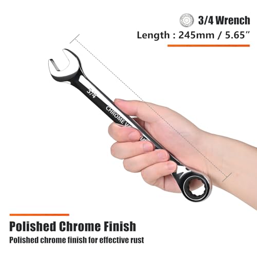 Egofine 3/4 inch Ratcheting Combination Wrench SAE, Industrial Grade Gear Spanner with 12-Point Design, 72-Tooth Ratchet, Chrome Vanadium Steel - size: 3/4"