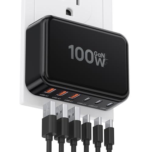 USB C Charger, Flat 100W Max 6-Port Fast Wall Charger Charging Station Hub - color: Black