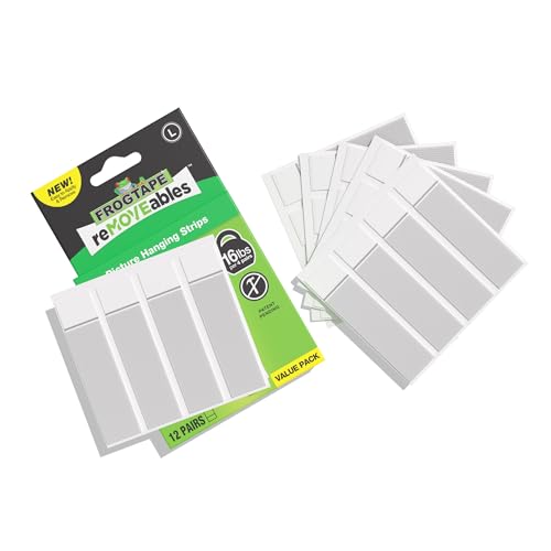 FrogTape reMOVEables Large Picture Hanging Strips, Damage-Free Removable Adhesive Wall Strips, Picture Hangers, Stick On Wall Mounting for Frames, Canvas, Home Décor, White, 12 Pairs (24 Pieces) - size: 12 Pairs (Pack of 2), style: Large