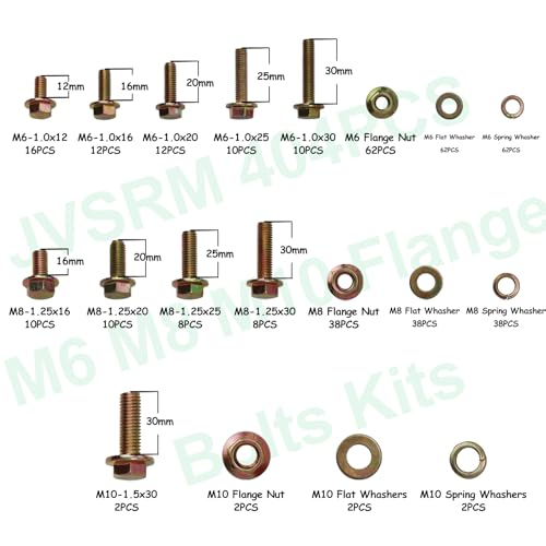 404Pcs Class 10.9 Metric Flange Bolts Kit - M6 M8 M10 (12-30mm) - size: M6 x 1, M8 x 1.25, M10 x 1.5