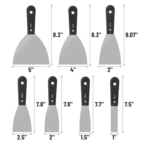 Bates- Putty Knife Set, 7 pcs, Stainless Steel, 1" 1.5" 2" 2.5" 3" 4" 5" Flexible Metal Scraper, Drywall Spackle Knife, Metal Paint Scraper Tool, Putty Knife Scraper, Wall Scraper, Drywall Knife - color: Black Stainless Steel, size: 1", 1.5", 2", 2.5", 3"