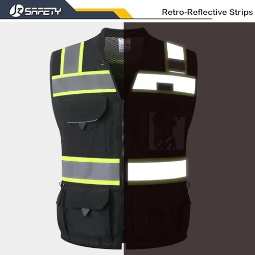 JKSafety Hi-Vis Unisex Surveyor Safety Vest Heavy Duty PPE Inner Pockets ANSI/ISEA Compliant - color: 188-black, size: Small
