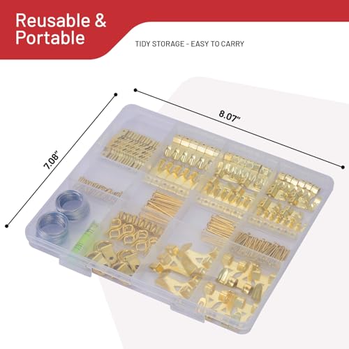 CrimsonMark 303-Piece Picture Hanging Assortment with Heavy Duty Hooks | Includes Nails, Sawtooth, D-Rings, Wire, Level & Metal Wall Hooks for Picture Framing and Canvas Mounting in Gold. - size: Gold