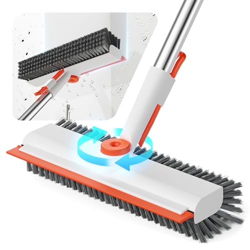Floor Scrub Brush with Long Handle, 3 in 1 Deck Brush with Squeegee - color: Orange and White