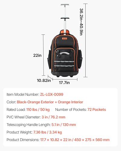 VEVOR Rolling Tool Backpack, 110 lbs Load Capacity, 72 Pockets Heavy Duty Roller Tool Bag on Wheels, Adjustable Telescoping Handle & Stable Base, Toolbag Organizers for Construction, Mechanic - size: 72 Pockets + Rolling