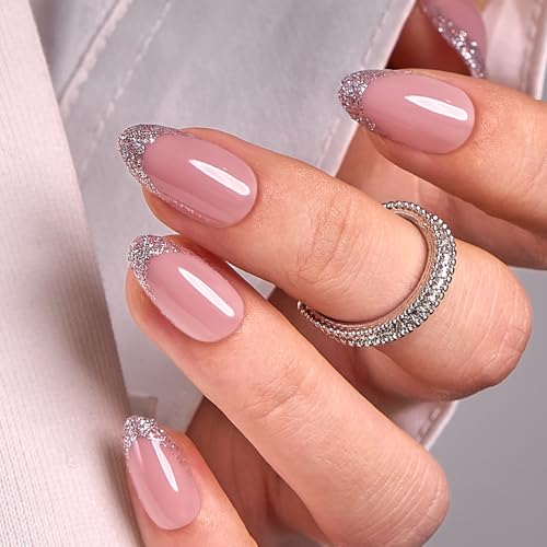CurvLife Medium Almond Glitter Press On Nails, Glitter Grace Nude - color: D4 - Glitter Grace