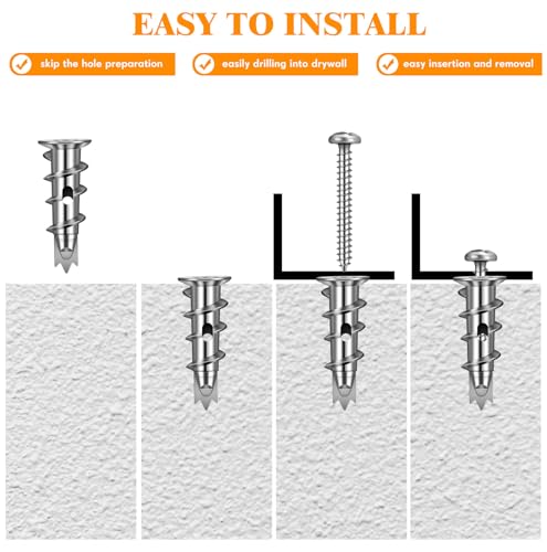 Yaocom 400 Pieces Zinc Self Drilling Drywall Anchors with Screws Kit, (200 Anchors+200 Screws) Bulk Heavy Duty Metal Wall Anchors and #8 x 1-1/4'' Screw