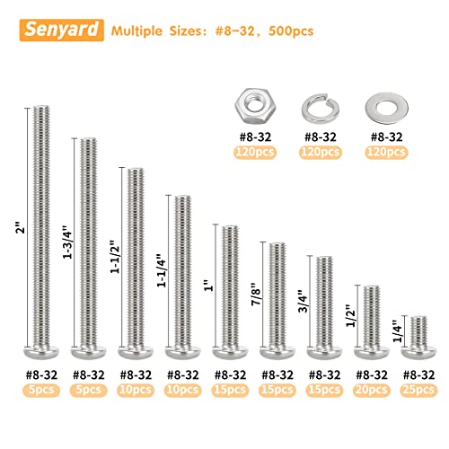 500pcs Machine Screws Assortment Kit,#8-32 Phillips Pan Head nut and Bolt Assortment Kit (with Lock&Flat washers・Wrenches) Stainless Steel Screws Bolt nut washers Assortment kit with case - size: #8-32, style: Pan head