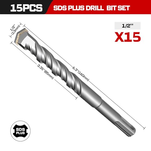Geinxurn 1/2" x 6" SDS Plus Rotary Hammer Drill Bits, 15PCS Double Thread Masonry Drill Bits Set Carbide Tipped, Drilling in Brick, Stone and Concrete, Cement Walls - size: SDSBIT010206-015