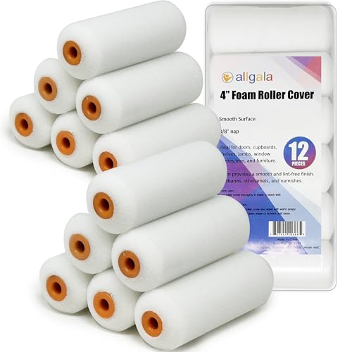 Allgala Foam Paint Roller, 12 Pack 4 inch Shedless High Density Foam Mini Paint Roller Cover for Trim Wall Funiture Doors Cabinets, Cupboards - size: 4" Foam (Pack of 12)