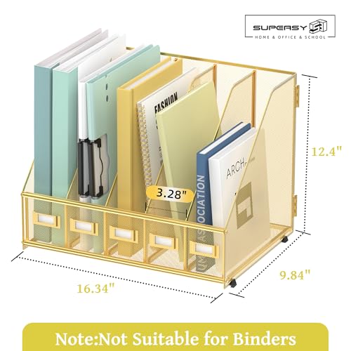 SUPEASY Desk Organizers Metal Desk Magazine File Holder with 5 Vertical Compartments Rack File Organizer for Office Desktop, Classroom, Home Workspace, Gold - color: Gold, size: Small