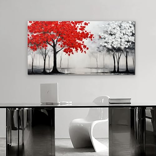 AUUZAIUA Large Canvas Wall Art Red and White Misty Forest Painting 29"x58" - size: 29"L x 58"W