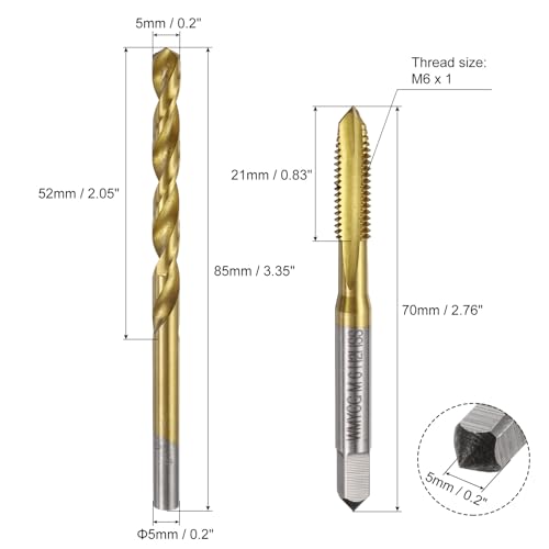 uxcell Metric Tap & Drill Bit Set, 2pcs M6 x 1 Spiral Point Thread Taps and 2pcs 5mm Twist Drill Bits, Titanium Coated HSS6542 Screw Tapping Threading Tools - size: M6 x 1 + 5mm