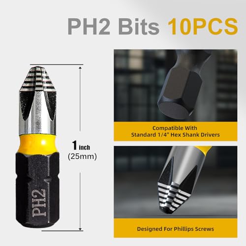1" PH2 Anti Slip Screwdriver Bits #2 10 Pcs, 2026 New Laser Tech 360° - color: Phillips #2, size: 1 inch