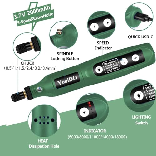 Mini Cordless Rotary Tool, 2000 mAh Battery Pack, 3.7V Power Rotary Tool for Sanding, 5-Speed Rotary Tool Kit with 54 Accessories, Type-C Charging Power Rotary Tool (Army green) - color: Army Green