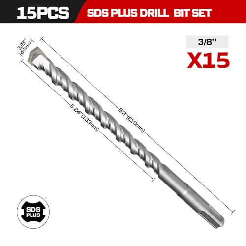 Geinxurn 3/8" x 8" SDS Plus Rotary Hammer Drill Bits, 15PCS Double Thread Masonry Drill Bits Set Carbide Tipped, Drilling in Brick, Stone and Concrete, Cement Walls - size: SDSBIT030808-015