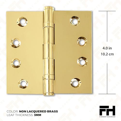 Solid Brass Door Hinge Heavy Duty Ball Bearing Polished Tarnish Aged Patina Gold 4x4 Inch - Set of 2 Hinges (Non Lacquered Brass) - color: Unlacquered Brass