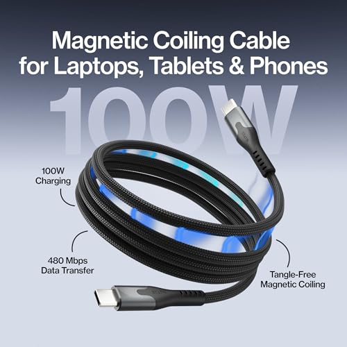 Statik MagStack Pro USB C to USB C Coiling Magnetic Charging Cable,100W | Nylon Braided Tangle-Free Design, Magnetic Coiling, Data Transfer, Compatible with iPhone & Android, 3FT Black, 5 Pack - color: Black, size: 3ft (5 Pack), style: USB-C to USB-C
