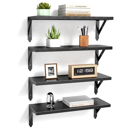 ROMGUAR CRAFT Wood Wall Floating Shelves Set of 4, 17" x 6" - Black - color: Black, size: 17" x 6"