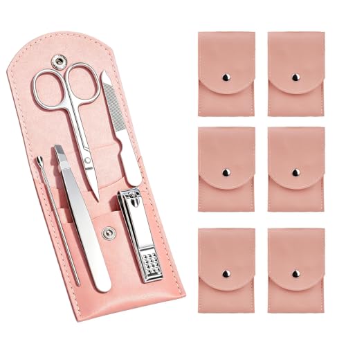 6 Sets Pack Travel Manicure Set Professional Nail Clipper Kit-5 Pieces Stainless Steel Manicure Kit, Women Men Grooming kit With Nail Care Tools Beauty Scissors Tweezers (Silver Pink) - color: Pink-6 sets value pack