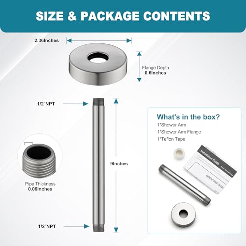 BRIGHT SHOWERS Shower Arm with Flange for Rainfall Shower Head, 9 Inch Ceiling Mount Straight Arm, Replacement Extension Pipe, Heavy-Duty Stainless Steel, Rust-Resistant, 1/2" NPT, Brushed Nickel - color: Brushed Nickel, style: 9 Inch