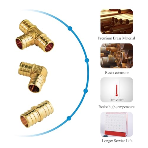 WiseWater 60 Pcs Pex Fittings, 3/4 inch T PEX Tee(20PCS) & 90 Degree Elbow & Straight Coupling, Brass Barb Crimp Pipe Fitting for Pex Pipe(Pack of 60), UPC Certified - size: ZH61902(3/4" PEX FITTINGS 60pk)