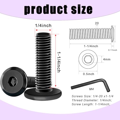 Taiss 25pcs 1/4-20 x 1-1/4" Flat Head Socket Head Screw,Furniture Bolts,Furniture Screws 304 Stainless Steel,1/4 Bolts Black Zinc Plated Fully Threaded,Countersunk Connector Screws with Hex Spanner - size: 25PCS 1/4-20x1-1/4"