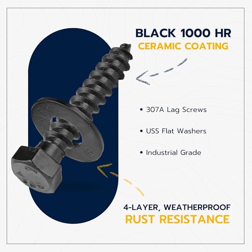 3/8 x 2 (50 Pack) Lag Screw Kit, 50 Screws and 50 Washers, Ceramic Black Ruspert Coating for Exterior Use, Meets ASTM A307 and ASME B18.2.1, Industrial/Commerical Grade by Makers Bolt - size: 3/8 x 2