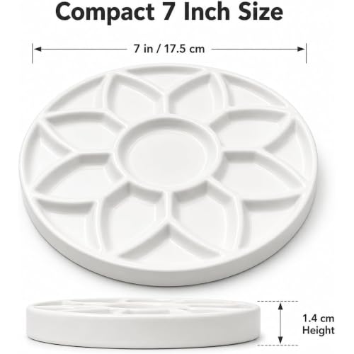 7 Inch Ceramic Watercolor Palette, Round White Flower Paint Tray