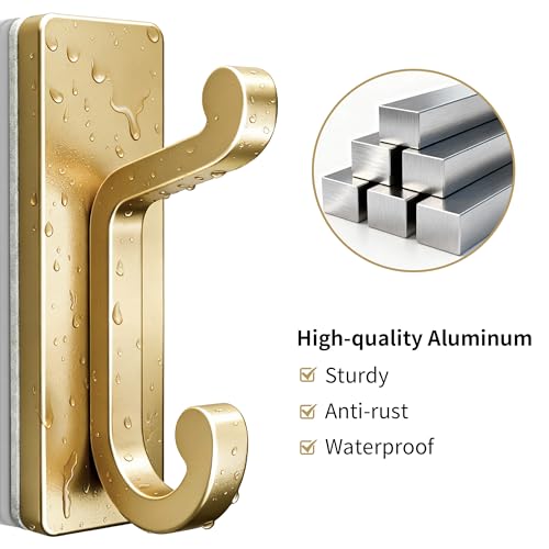 Gold Self Adhesive Wall Hooks for Coats - StainlessDouble Hook. - color: Gold, size: 6 Pack