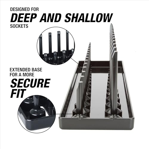 OEMTOOLS 22210 1/2" Metric Socket Organizer, 1/2 Socket Holder for Deep and Shallow Sockets, Labeled Posts, Dual Rail, Holds 10 mm to 27 mm - size: 1/2"