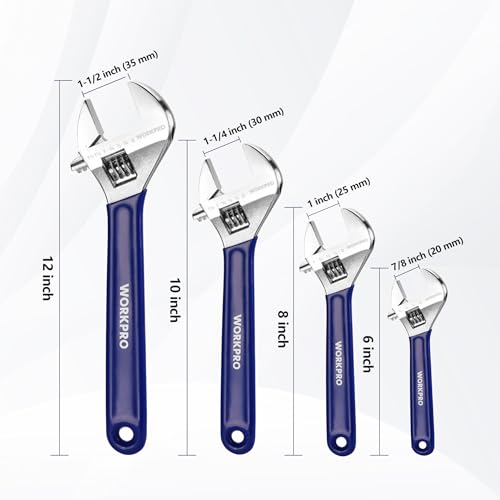 WORKPRO 4-Piece Wide Jaw Adjustable Wrench Set, 6"-12", Chrome Plated - color: Blue