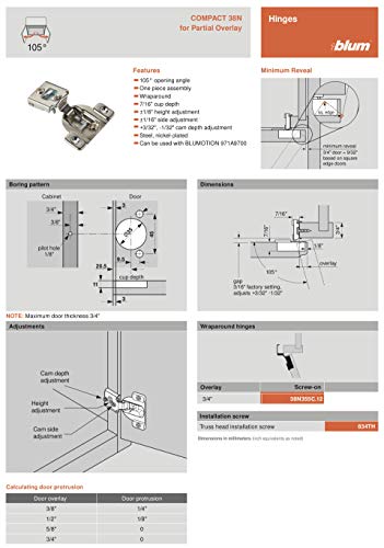 Blum 38N355C.12 Compact 3/4″ Partial Overlay 105° Hinge with Set of Screws (1)
