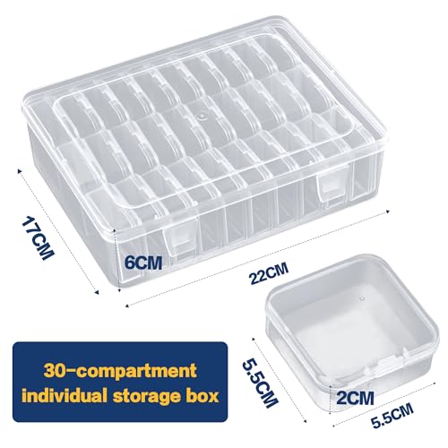 1 Large Box & 30-Grid Transparent Plastic Bead Organizer (Hinged Lid) — A Portable Craft Storage Solution for Jewelry Making, DIY Projects, Nail Art, and Storage of Screws & Small Parts