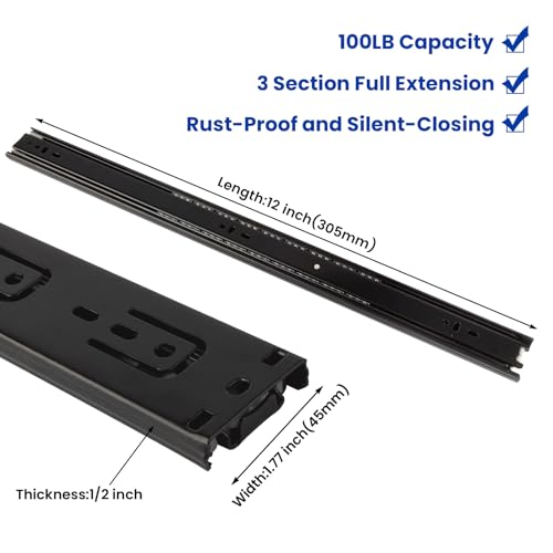 LONTAN 1 Pair Black Side Mount Drawer Slides 12 Inch Heavy Duty Rails - color: Black, size: 12 Inch - Drawer Slide