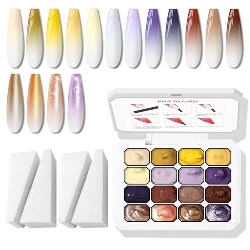 Ombre Gel Polish Palette,16Colors Pat Gel Paint Nail Art Kit Sponge Patting - color: 16 Colors D