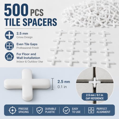 500Pcs Tile Spacers, Tile Spacers for Ceramic and Stone Installation, 2.5mm Cross Separators, Floor and Wall Leveling