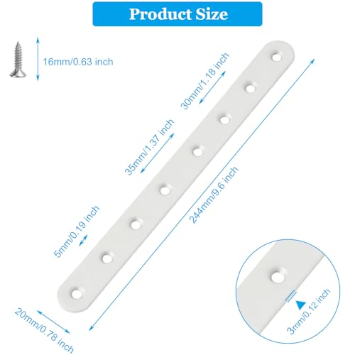 4 Pcs White Flat Straight Braces Stainless Steel Straight Brackets 10 x 0.78 inch Metal Mending Plate for Wood, Heavy Duty Repair Joining Bracket, with Screws