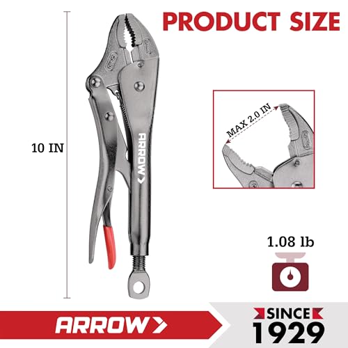 ARROW 10" Curved Jaw Locking Pliers with Screw Extractor | CR-MO Steel Pliers, Adjustable Screw, One-Hand Release, Anti-Slip Handle - size: 10 inch