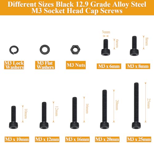 555 Pieces M3 Screws Nuts Washers Set Black, Sutemribor M3 x 6/8/10/12/16/20/25mm Hex Socket Head Cap Screws Nuts Washers Assortment Kit, 12.9 Grade Alloy Steel, Fully Threaded - size: M3 x 6-25mm, style: Socket Head