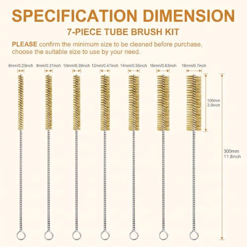 Tube Brush Kit 7 Pcs Brass Wire Brushes 12 Inch Long Pipe Cleaner with 6mm to 18mm for Engine Bore Auto Parts Cleaning