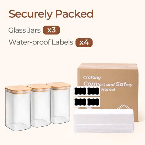 ComSaf Glass Storage Containers with Lids 1.4 Qt, Set of 3 Glass Food Jars | Glass Pantry Storage Containers, Square Kitchen Canisters, Lid with Silicone Seal, Cookie, Cereal, Coffee, Oats, BPA Free - size: 1.4Qt*3