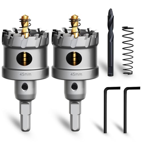 Metal Hole Saw 1-3/4''(45mm) 2Pcs Set Heavy Duty Tungsten Carbide Tipped Hole Cutters Set with a nitrided Step Drill and L-flench, for Steel Iron,Aluminum,Stainless stell,Plastic - size: 3/4''(45mm)-2PCS