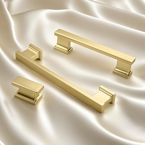 KNOBWELL 6 Pack Brushed Gold Solid Cabinet Pulls 3-3/4 Inch(96mm) Hole Center Kitchen Cabinet Handles,Cabinet Hardware for Cupboard Drawer Pulls - color: Brushed Gold, size: Hole Center：3-3/4 inch（96mm）