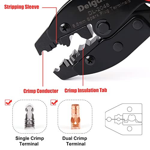 Delgada Spark Plug Wire Crimper Pliers, Ratchet Spark Plug Crimping Tool, for Crimping and Stripping Ignition Wire, Diameter 8.0-8.5mm, DL-2048